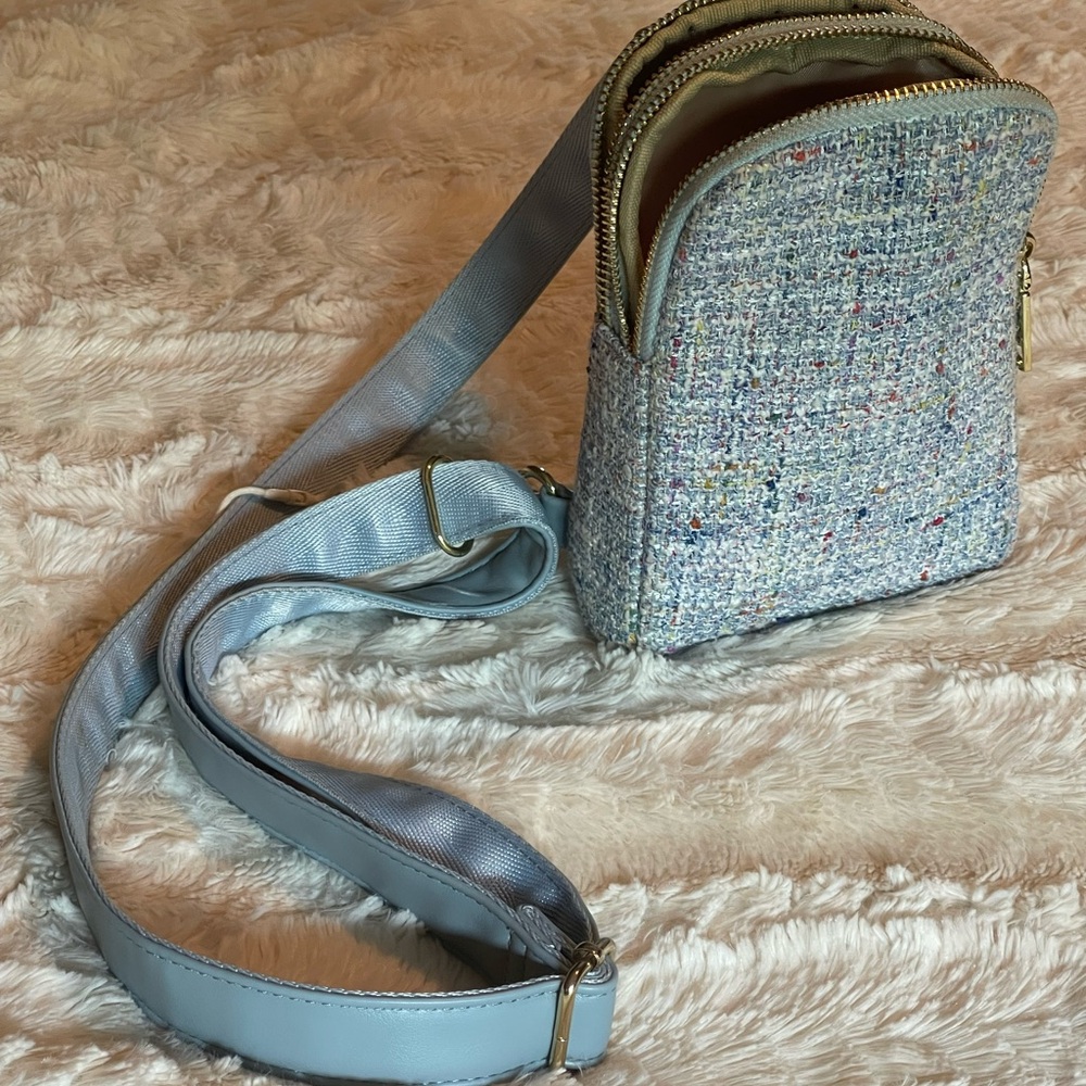 Blue Tweed Crossbody Bag with Adjustable Strap